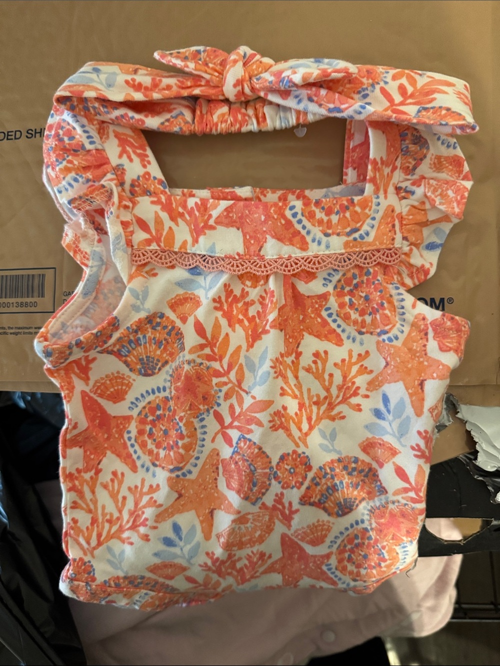 Isaac Mizrahi Coral and Blue Seashell Print Baby Top with Bow